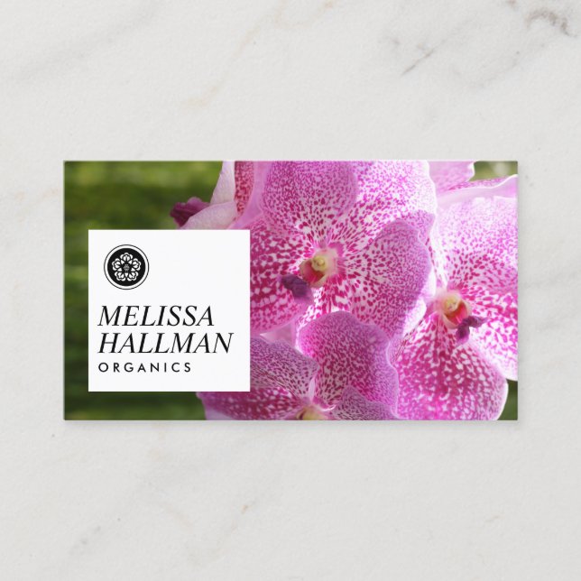 Minimalistisches Luxe-Floral-Logo mit rosa Orchide Visitenkarte (Vorderseite)
