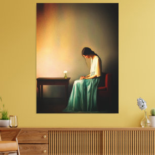 Minimalistisches Mädchen mit Blume Mauer - Moderne Leinwanddruck