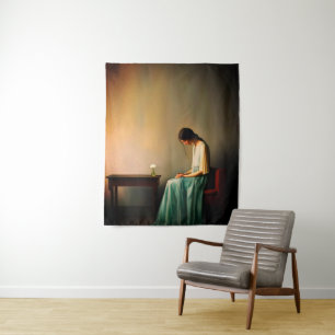 Minimalistisches Mädchen mit Blume Mauer - Moderne Wandteppich