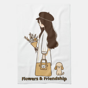 Minimalistisches Mädchen mit Pudel und Wildblumen  Geschirrtuch