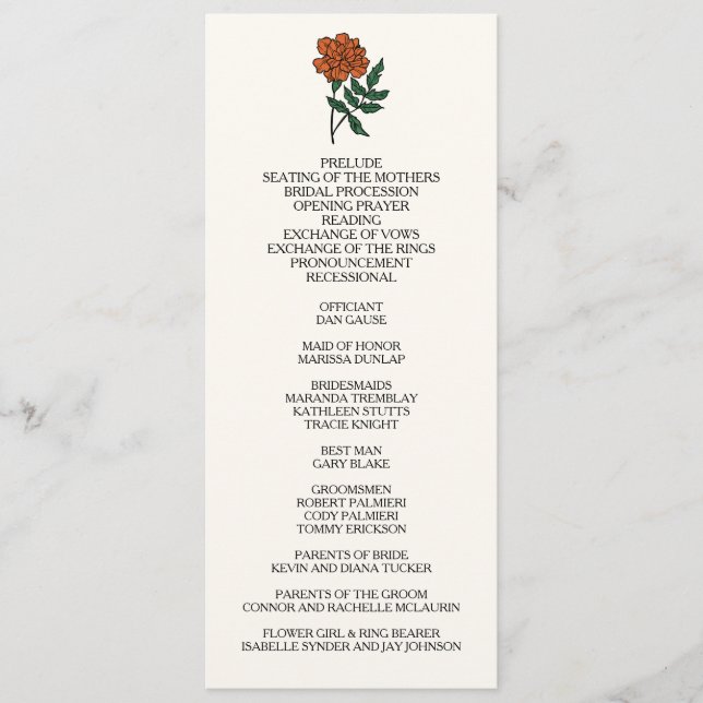 Minimalistisches Marigold-Hochzeitsprogramm Programm (Vorderseite)