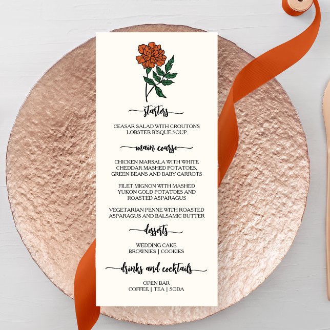 Minimalistisches Marigold Wedding Menu Menükarte (Von Creator hochgeladen)