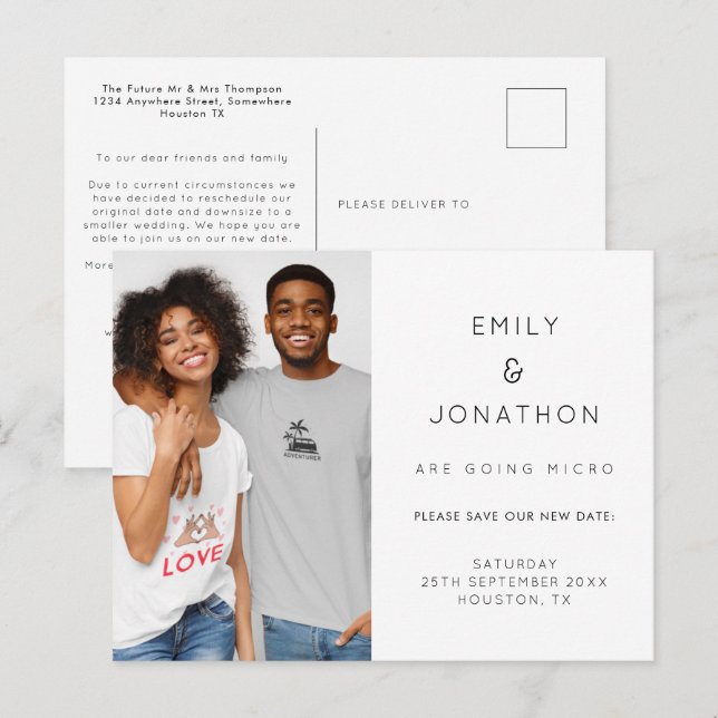 Minimalistisches Micro Wedding Foto Save the Date Ankündigungspostkarte (Vorne/Hinten)