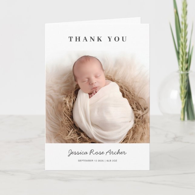 Minimalistisches modernes Black Typografy Baby Fot Dankeskarte (Vorderseite)