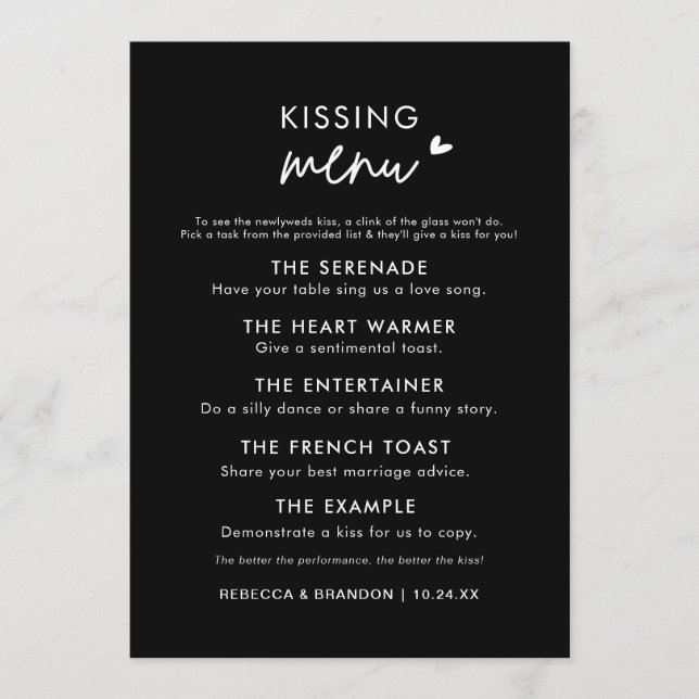 Minimalistisches, modernes Black Wedding Kiss Menü Menükarte (Vorderseite)