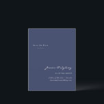Minimalistisches, modernes, blaues Skript Save the Postkarte<br><div class="desc">Minimalistisches modernes blaues Skript Hochzeit speichern Sie das Datum Postkarte</div>