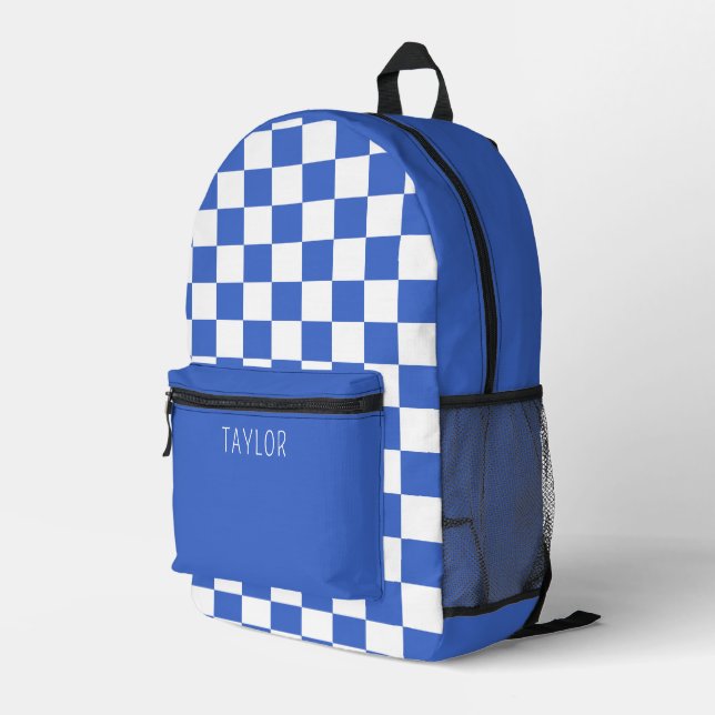 Minimalistisches, modernes Blue Checkerboard Bedruckter Rucksack (Rückseitige Ecke Rechts)
