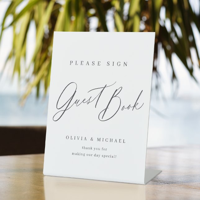 Minimalistisches modernes Drehbuch-Gästebuch Sockelschild (Minimalist modern script wedding guest book sign)