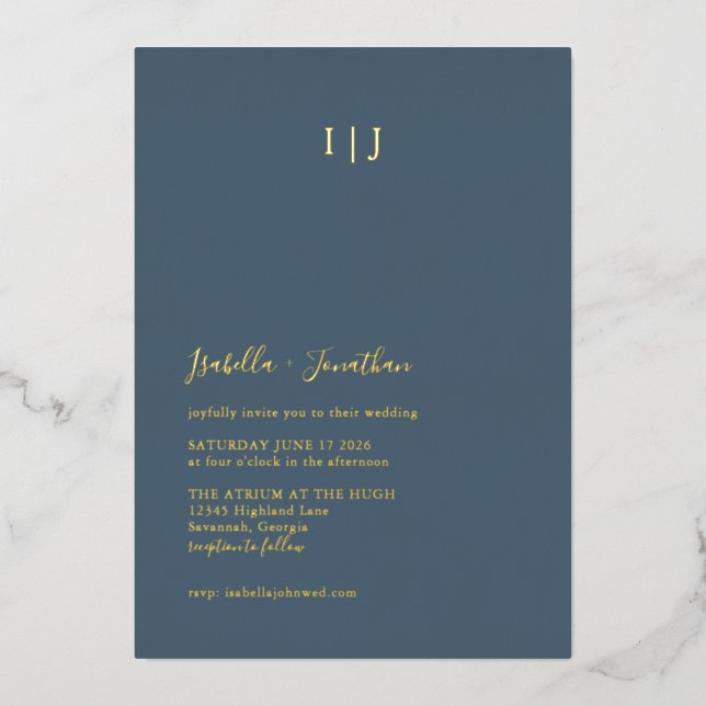 Minimalistisches, modernes Dunkelblauer HochzeitGo Folieneinladung (Vorderseite)