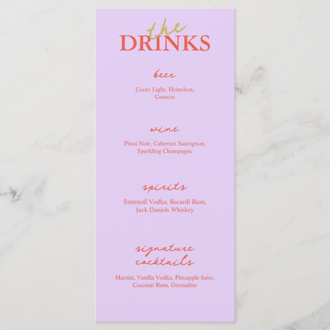 Minimalistisches modernes Hochzeitsmenü mit Bar |  Menükarte (Vorderseite)
