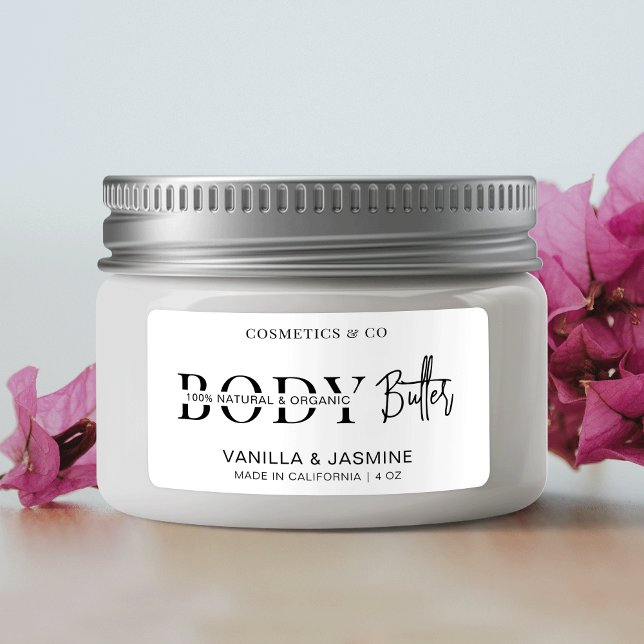 Minimalistisches, modernes Kosmetikprodukt Adressaufkleber (Body butter jar packaging sticker with trendy script font and cut through letter effect)