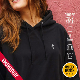 Minimalistisches modernes Kreuz auf Brusttasche -  Bestickter Hoodie