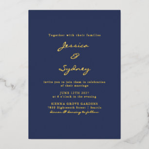 Minimalistisches, modernes Navy Blue Script Hochze Folieneinladung