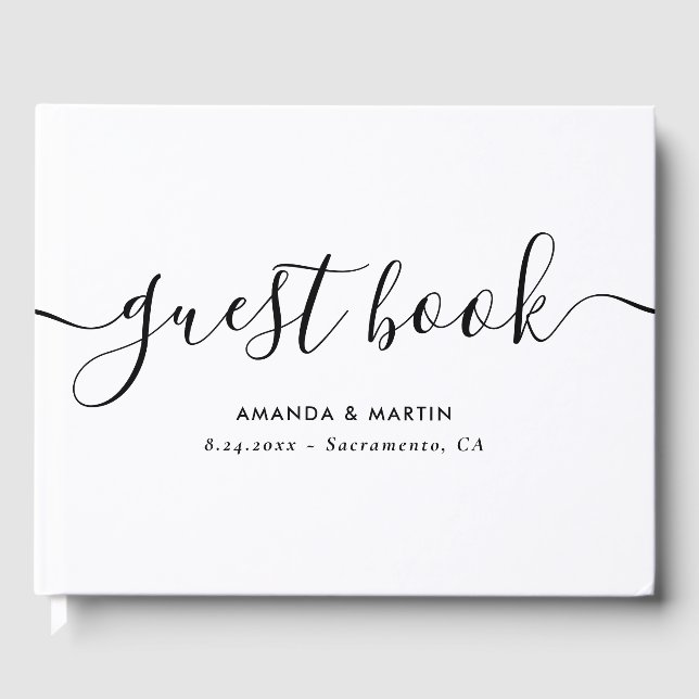 Minimalistisches, modernes Script Schwarz und Weiß Gästebuch (Vorderseite)