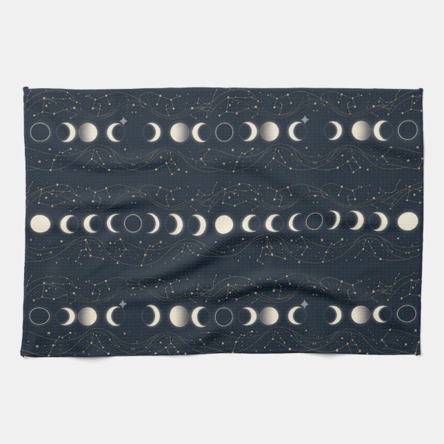 Minimalistisches Mondphasenmuster mit Sternen und  Geschirrtuch (Horizontal)