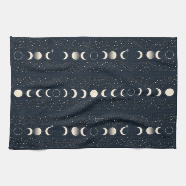 Minimalistisches Mondphasenmuster mit Sternen und  Geschirrtuch (Horizontal)