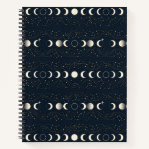 Minimalistisches Mondphasenmuster mit Sternen und Notizbuch