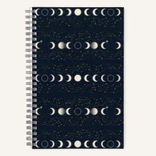 Minimalistisches Mondphasenmuster mit Sternen und Notizbuch