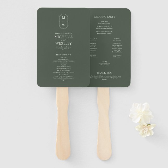 Minimalistisches Mongram Moss Green Wedding Progra Fächer (Vorne und Hinten)