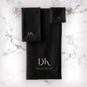 Minimalistisches Monogram Black Gold Stilvoll Badhandtuch Set