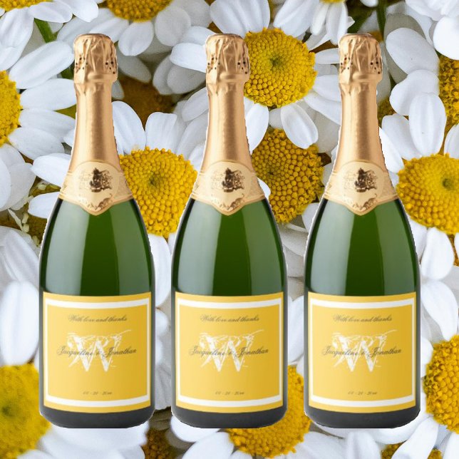 Minimalistisches Monogram Chic Script-Elegant gelb (Minimalist sunny yellow sparkling wine labels with a monogram and an elegant chic script. Superb!  )
