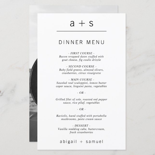 Minimalistisches Monogram Foto Simple Wedding Menu (Vorne/Hinten)