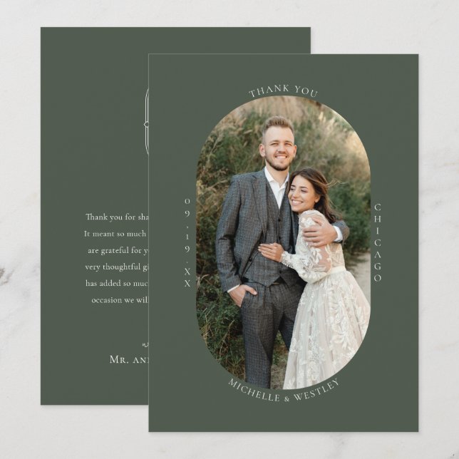 Minimalistisches Monogram Moss Green Wedding Foto Dankeskarte (Vorne/Hinten)
