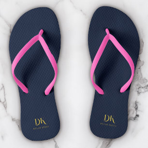 Minimalistisches Monogram Navy Blue Gold Stilvoll Flip Flops
