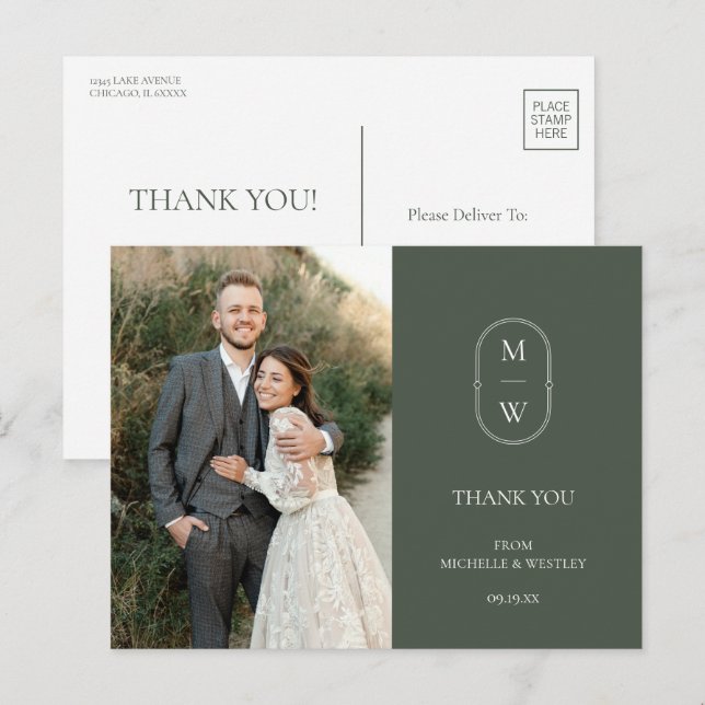 Minimalistisches Monogram Wedding Foto Vielen Dank Postkarte (Vorne/Hinten)
