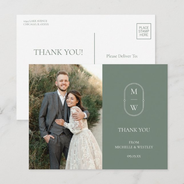 Minimalistisches Monogram Wedding Foto Vielen Dank Postkarte (Vorne/Hinten)