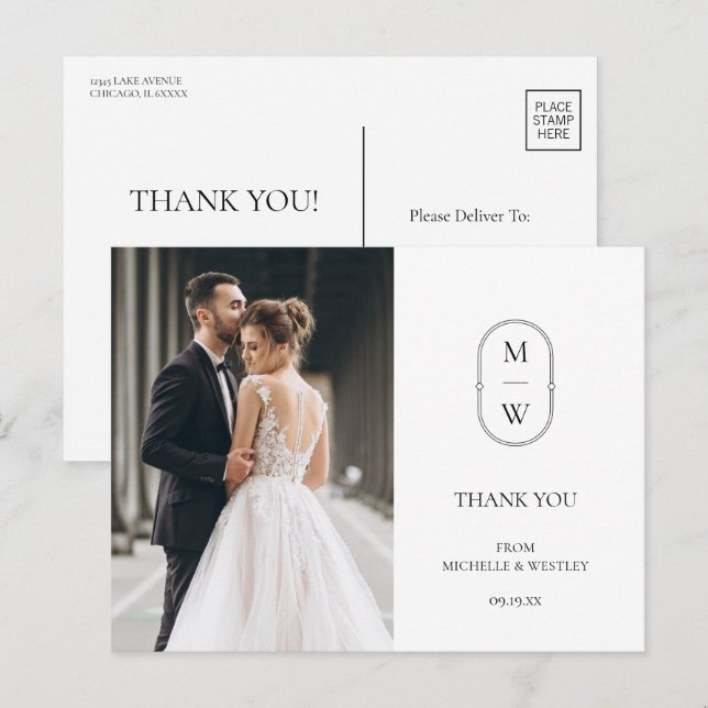 Minimalistisches Monogram Wedding Foto Vielen Dank Postkarte (Vorne/Hinten)