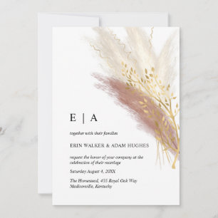 Minimalistisches Monogramm Boho Pink Gold Pampelgr Einladung