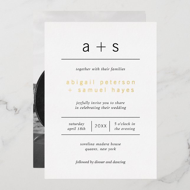 Minimalistisches Monogramm Foto Moderne Hochzeit Folieneinladung (Vorderseite/Rückseite)