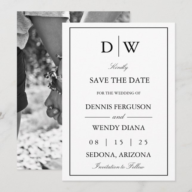 Minimalistisches Monogramm-Foto Save The Date (Vorne/Hinten)