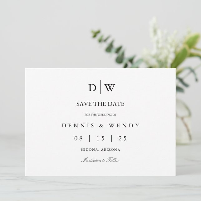 Minimalistisches Monogramm-Hochzeit Save The Date (Stehend Vorderseite)