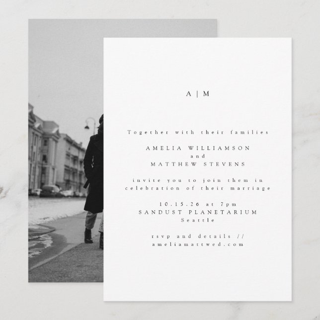 Minimalistisches Monogramm Modernes Foto Hochzeit Einladung (Vorne/Hinten)