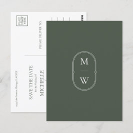 Minimalistisches Monogramm Moos Save the Date grün Postkarte