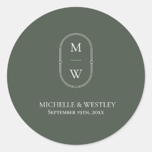 Minimalistisches Monogramm Moss Green Wedding Runder Aufkleber