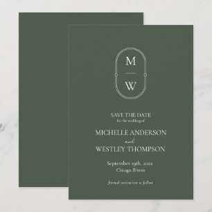 Minimalistisches Monogramm Moss Green Wedding Save The Date