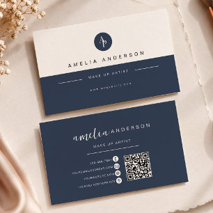 Minimalistisches Monogramm Tiefes Navyblau QR-Code Visitenkarte