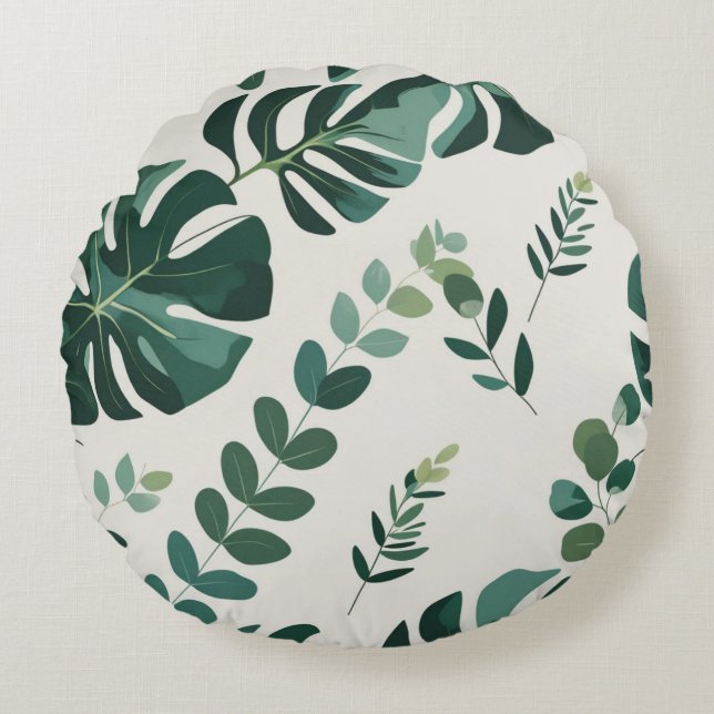 Minimalistisches Monstera- und Grünmuster - Modern Rundes Kissen (Vorderseite)