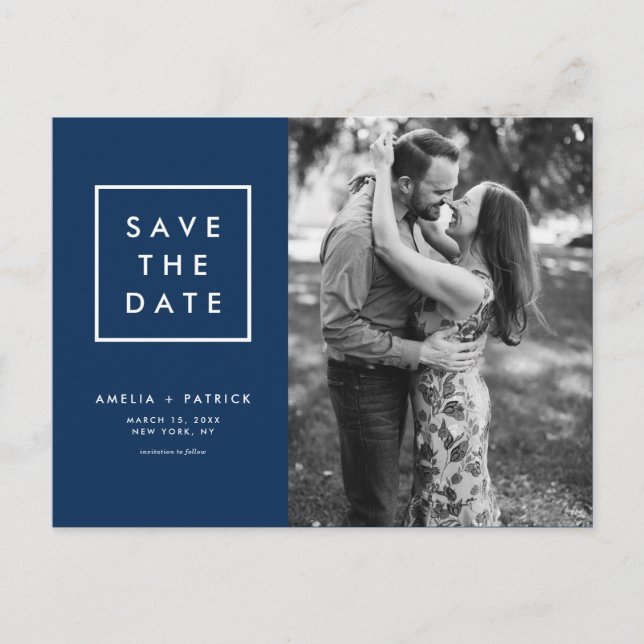Minimalistisches Navy Blue Foto Save the Date Ankündigungspostkarte (Vorderseite)