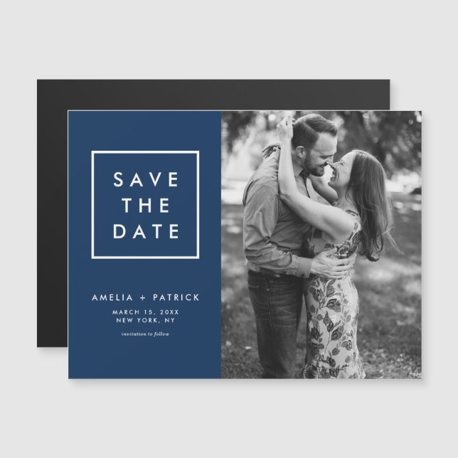 Minimalistisches Navy Blue Foto Save the Date Magneteinladung (Vorne/Hinten)