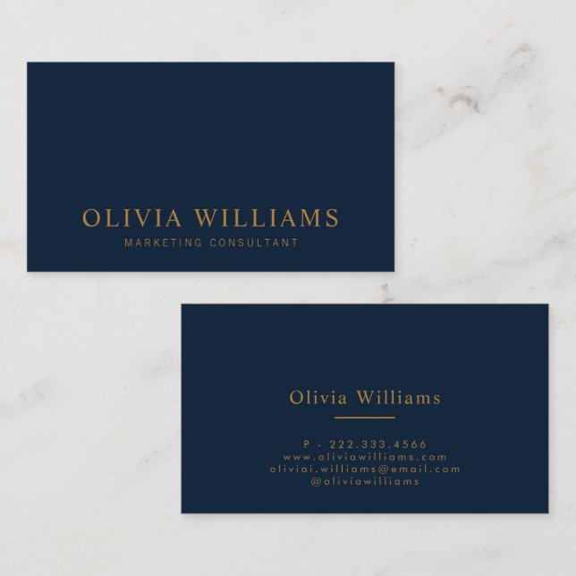 Minimalistisches Navy Blue und Gold Moderne Berufl Visitenkarte (Vorne/Hinten)