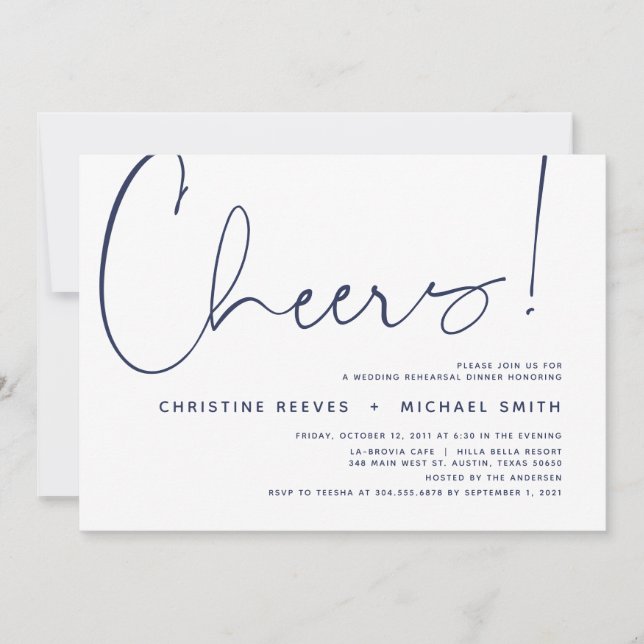 Minimalistisches Navy-Script-Hochzeitsessen Probe Einladung (Vorderseite)