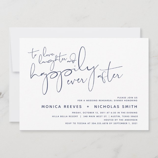 Minimalistisches Navy-Script-Hochzeitsessen Probe Einladung (Vorderseite)