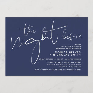 Minimalistisches Navy-Script-Hochzeitsessen Probe Einladung