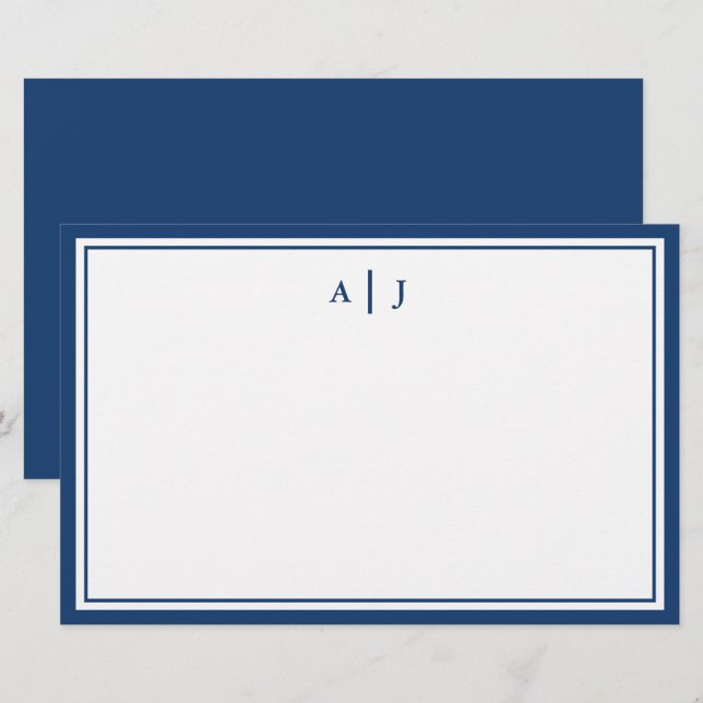 Minimalistisches Navy-Two-Border-Monogramm Briefpapier (Vorne/Hinten)
