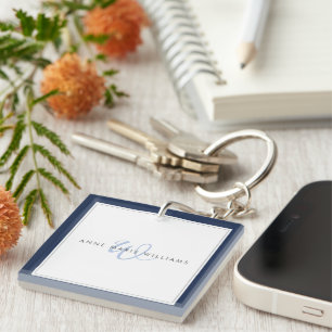 Minimalistisches Navyblau-Script Zwei-Rahmen-Monog Schlüsselanhänger
