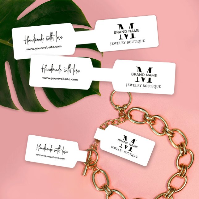 Minimalistisches Necklace Jewerdover Foldover Barb Aufkleber (Fully editable jewelry barbell tags in black and white with space for your logo and website)